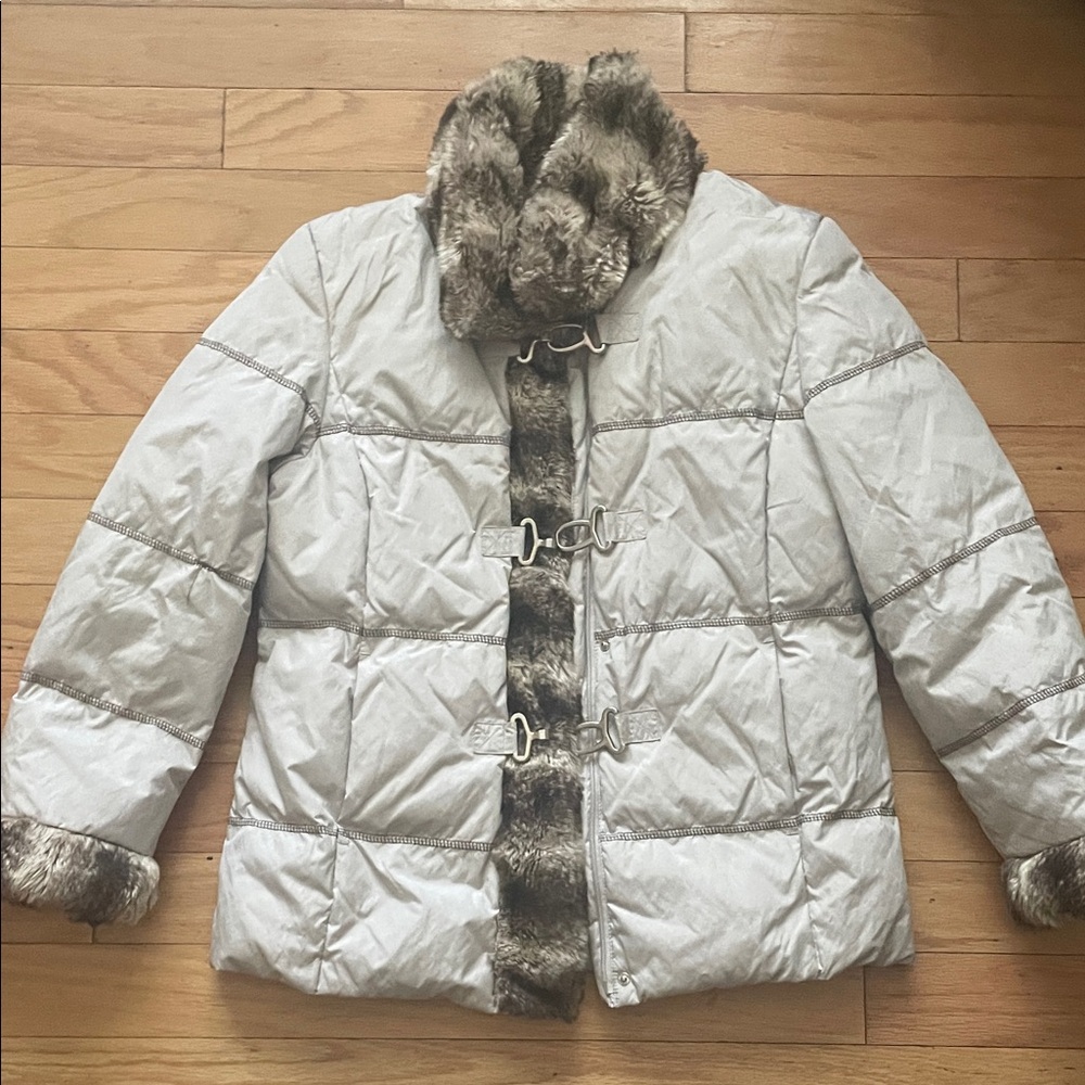 Hilary Radley Silver Puffer Jacket with Faux Fur Trim